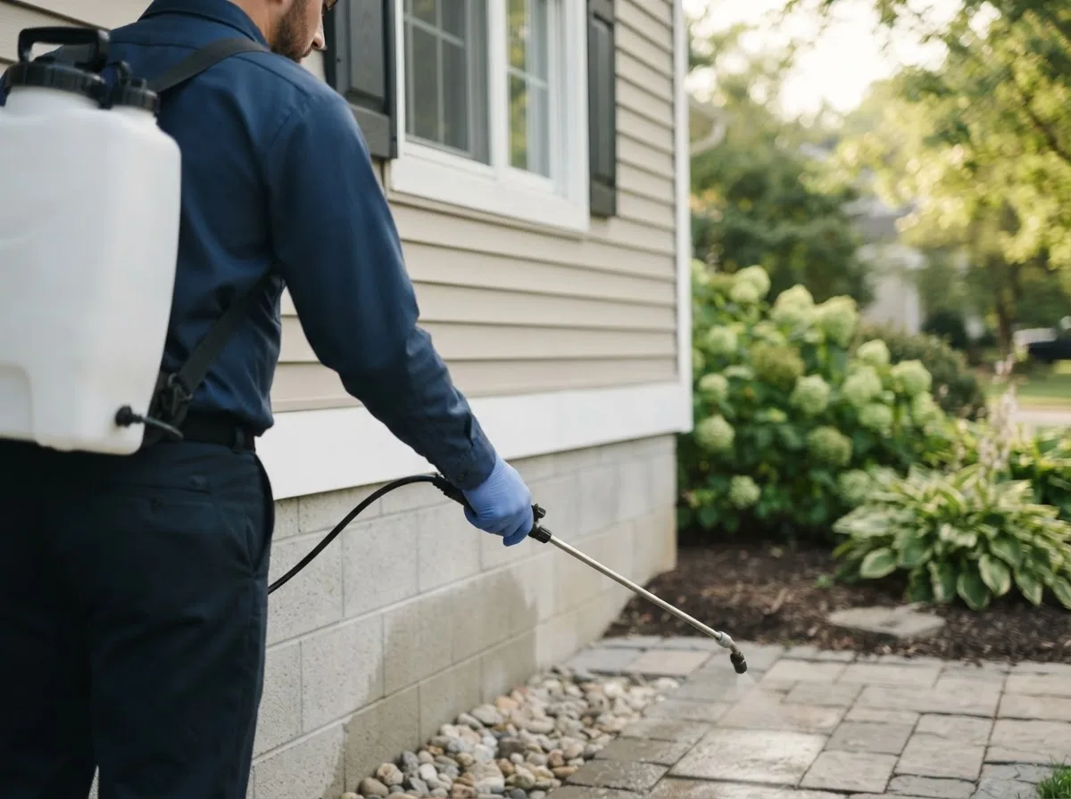 Pest control technician inspecting a home in Osceola, NE